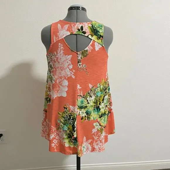 Floral Sleeveless Tank Top Blouse Small Orange Green White Tunic - Picture 2 of 4